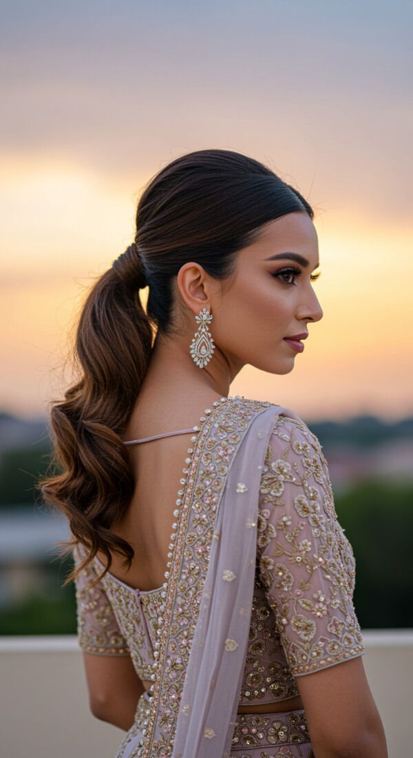 Bride with sleek low ponytail and soft curls wearing pastel embroidered lehenga.