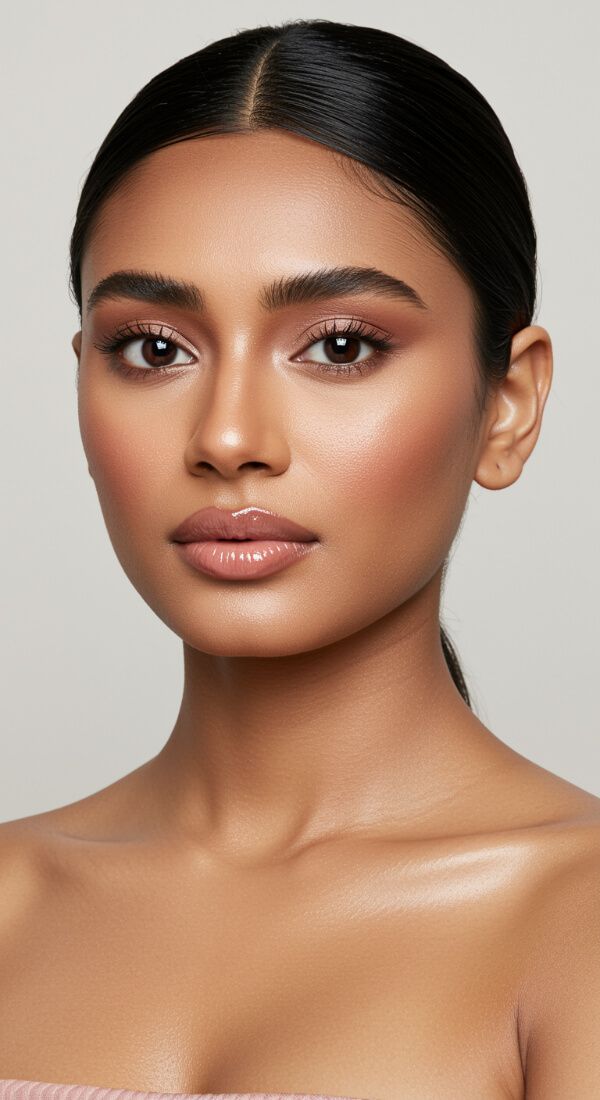 Woman with dewy glam makeup, glossy lips, bronzed cheeks, and glowing highlighted skin.