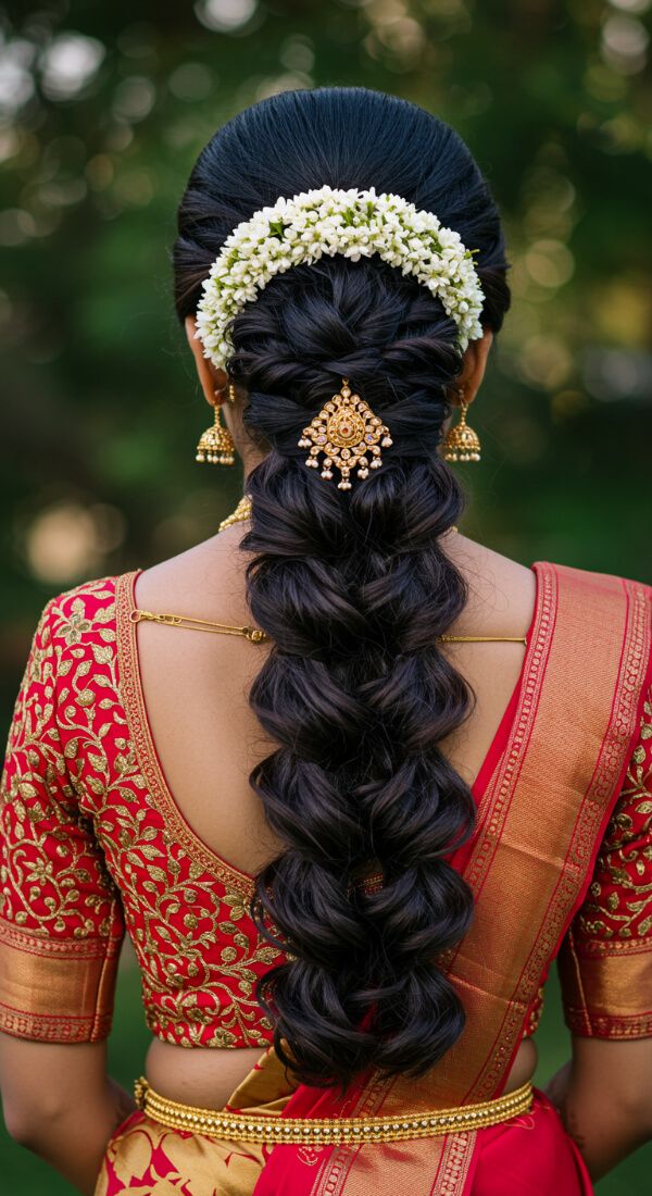 Twisted bridal braid hairstyle decorated with jasmine gajra and gold hairpin for a traditional Indian wedding function.