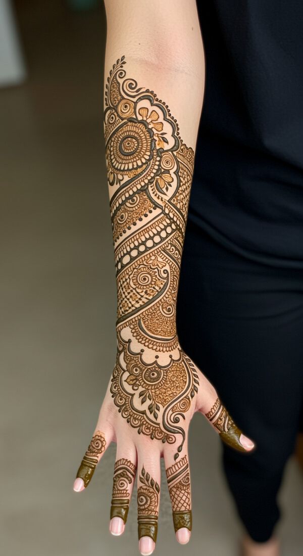 Full arm mehndi design with floral, paisley, and layered patterns.